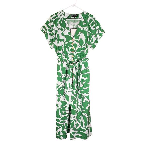 NWT Zara Floral Printed Midi Shirt Dress Women's L Cotton Green White Tropical - Picture 2 of 12